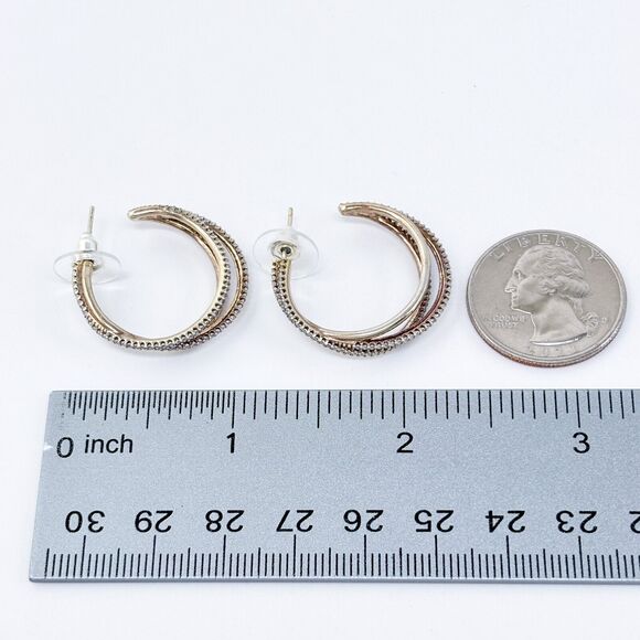 Vintage Sterling Silver 925 Gold Tone Cubic Zirconia Textured Hoop Earrings - Picture 6 of 6